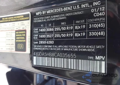 2012 Mercedes-Benz Ml 350 4Matic z USA, uszkodzony, nr VIN 4JGDA5HB8CA035655